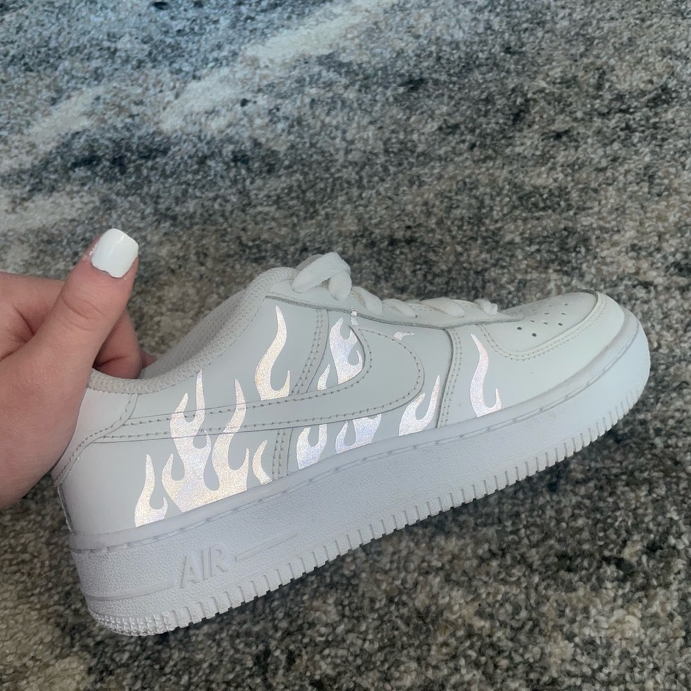 Custom Air Force Ones- Reflective flame, Boys Size 5Y/Women’s 6.5